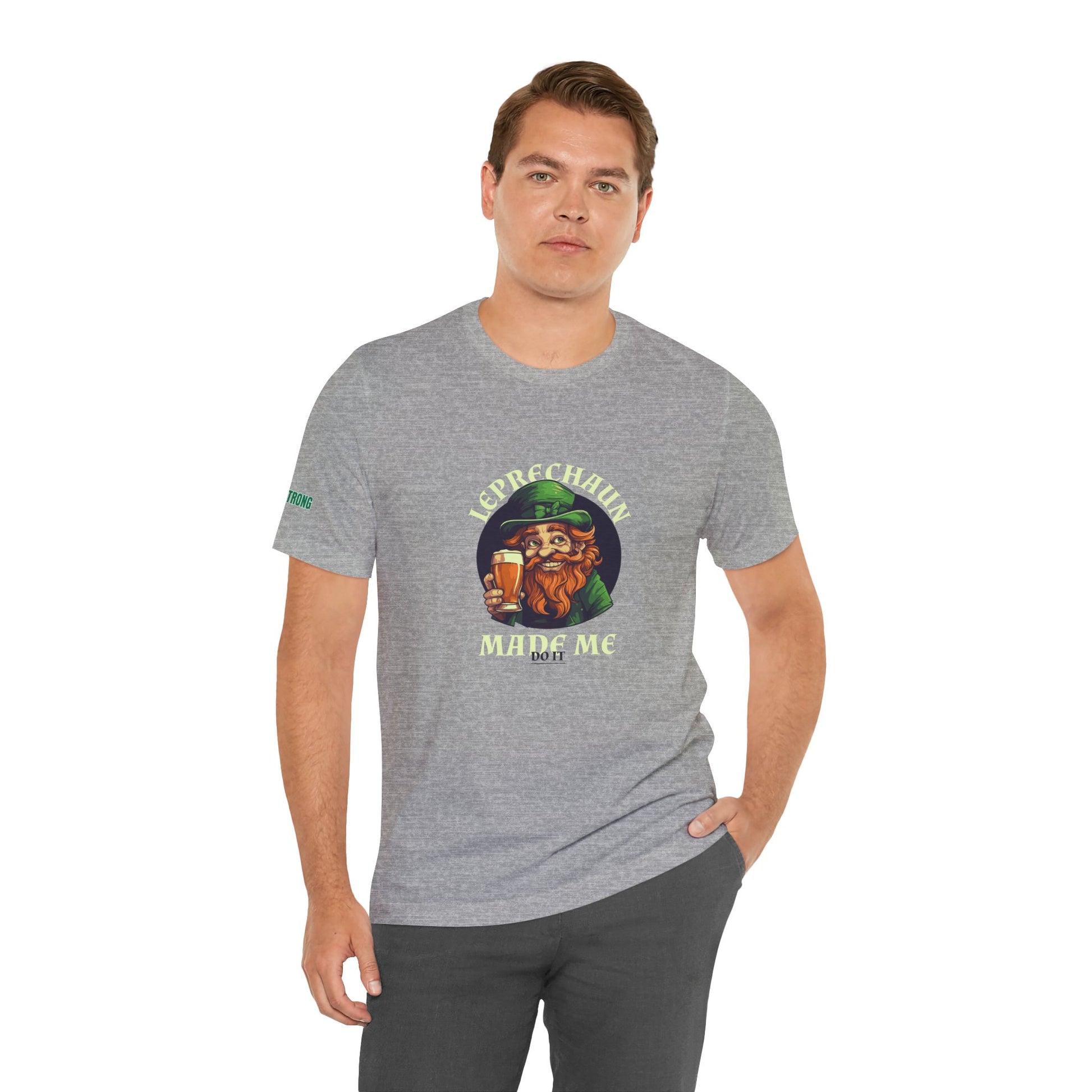 A funny St. Patrick’s Day t-shirt featuring a grinning leprechaun holding a pint of beer, with the phrase “Leprechaun Made Me Do It.” Perfect for beer drinkers, Irish party-goers, and St. Paddy’s bar crawls.