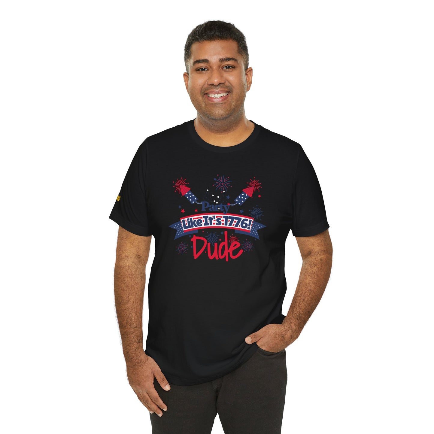 Funny 4th of July t-shirt with "Party Like It’s 1776 Dude" in patriotic red, white, and blue, featuring fireworks, rockets, and a bold Independence Day theme. In black.