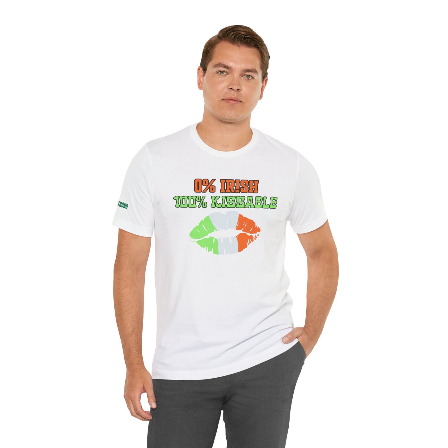Funny St. Patrick’s Day t-shirt with a bold lip print in the Irish flag colors and the phrase “0% Irish, 100% Kissable” in bold, playful font. A perfect flirty tee for St. Paddy’s Day parties and bar crawls.
