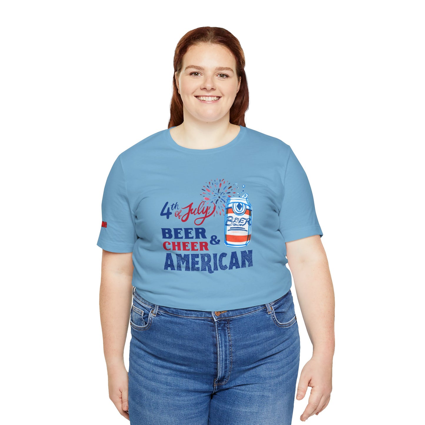 Funny 4th of July beer t-shirt featuring a red, white, and blue exploding beer can, fireworks, and bold patriotic text saying "Beer & Cheer American." Perfect for Independence Day, beer lovers, and patriotic celebrations. Available in Plus Sizes.