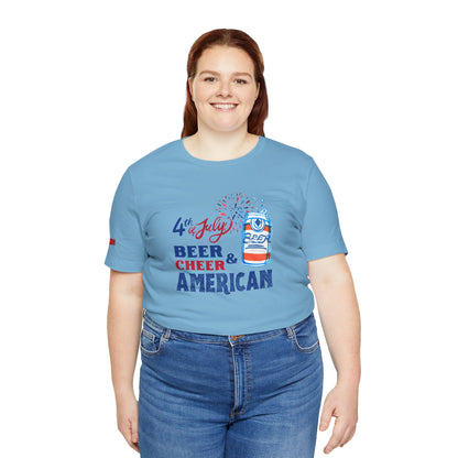 Funny 4th of July beer t-shirt featuring a red, white, and blue exploding beer can, fireworks, and bold patriotic text saying "Beer & Cheer American." Perfect for Independence Day, beer lovers, and patriotic celebrations. Available in Plus Sizes.