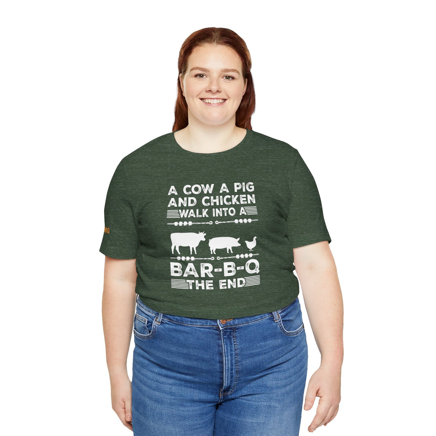 Funny BBQ t-shirt with cow, pig, and chicken design, featuring “A Cow, A Pig, and A Chicken Walk Into a BBQ – The End” text. Available in plus sizes.