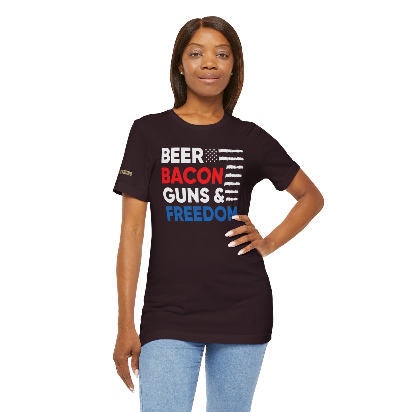 Funny quote Beer Bacon Guns & Freedom T-Shirt with bold red, white & blue American flag design – perfect for patriots and beer lovers. in Oxford black.