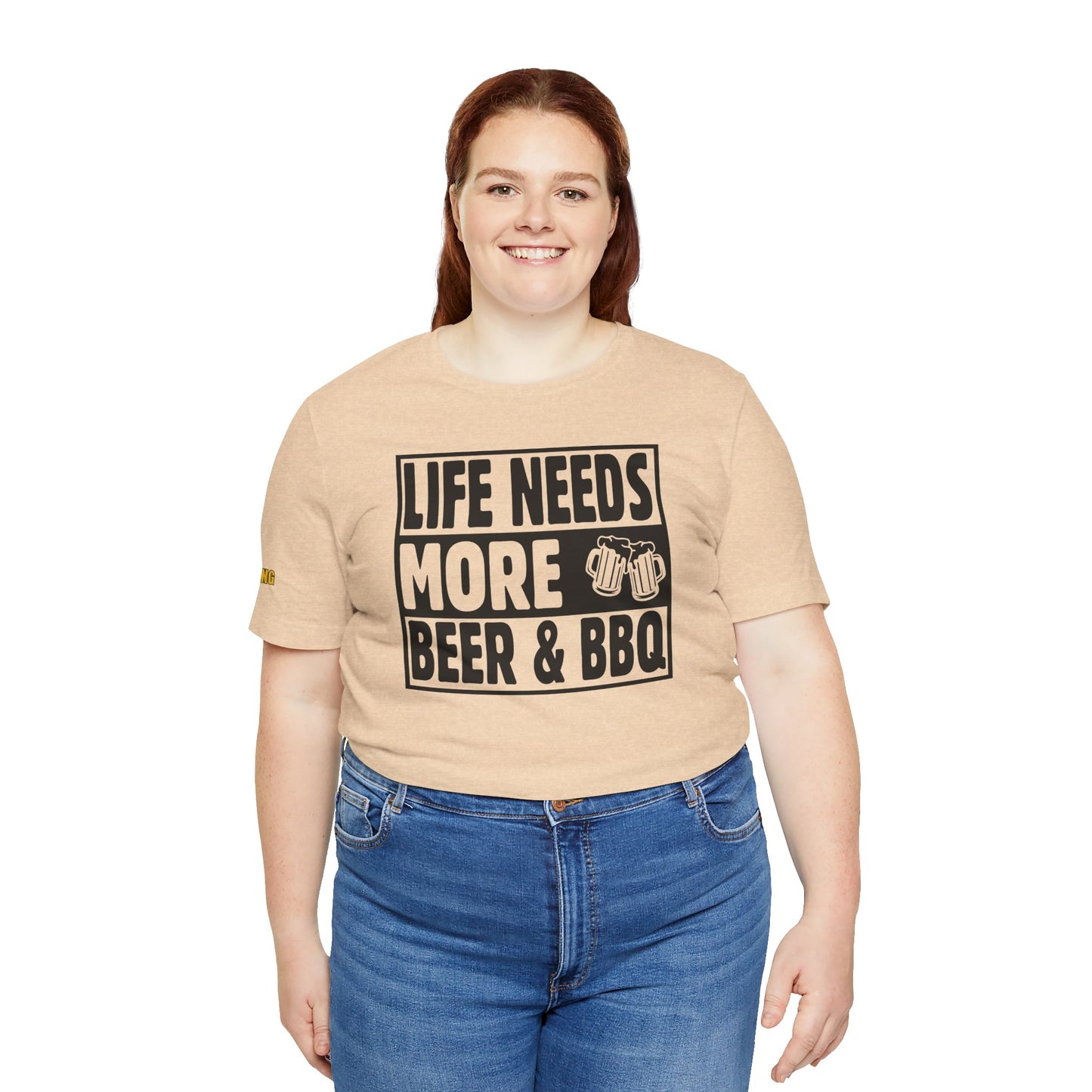 Life Needs More Beer & BBQ t-shirt design featuring bold typography with a playful barbecue and beer theme. Available n plus sizes.