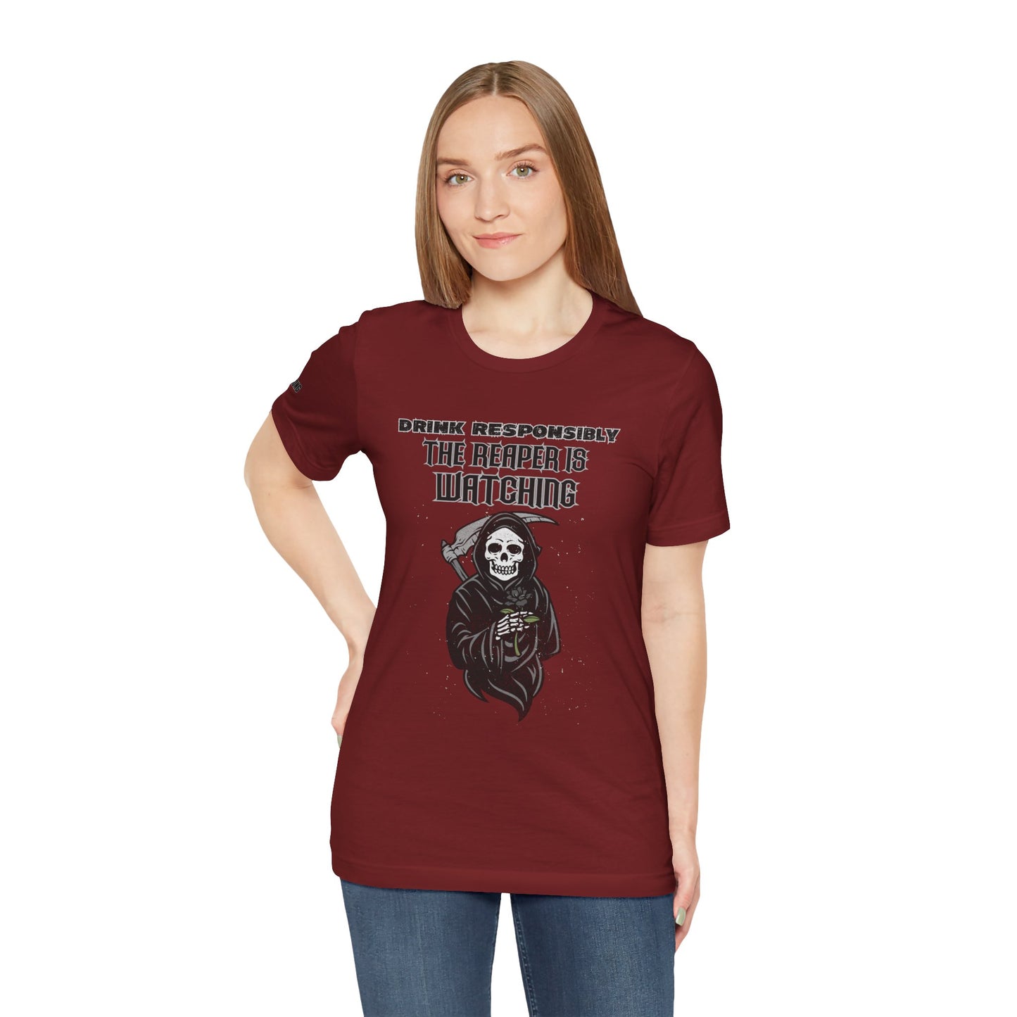 Grim Reaper beer shirt with funny dark humor alcohol quote “Drink Responsibly… The Reaper is Watching” design. In maroon and plus sizes.