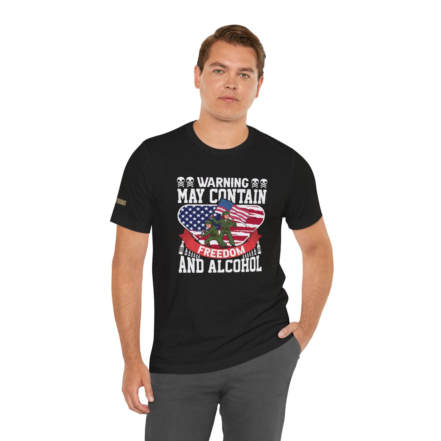Funny ‘Warning May Contain Freedom & Alcohol’  quote T-Shirt with military soldiers raising an American flag – perfect for beer lovers and patriots. In heather black.