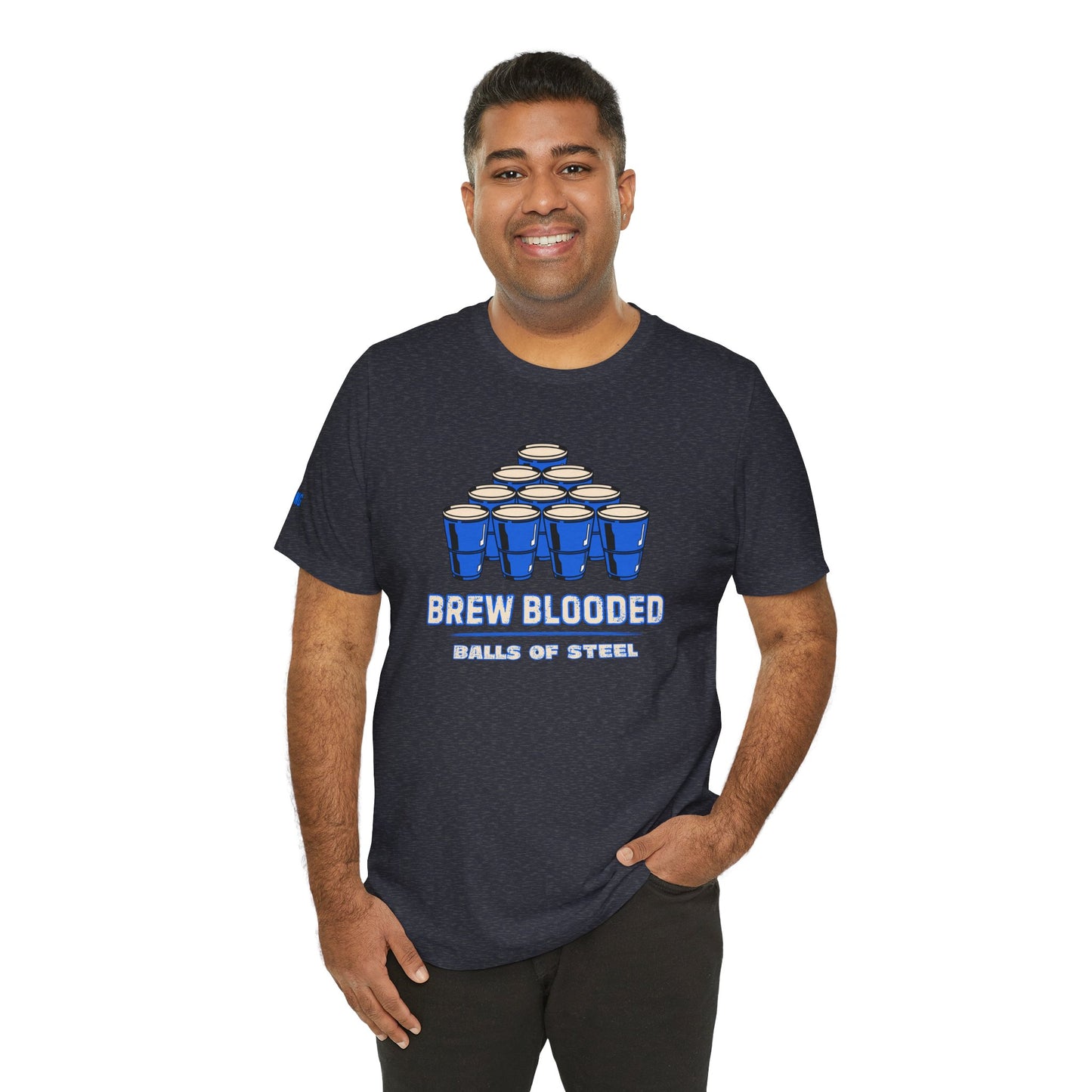 Beer pong t-shirt featuring a pyramid of blue cups with bold text reading "Brew Blooded – Balls of Steel."