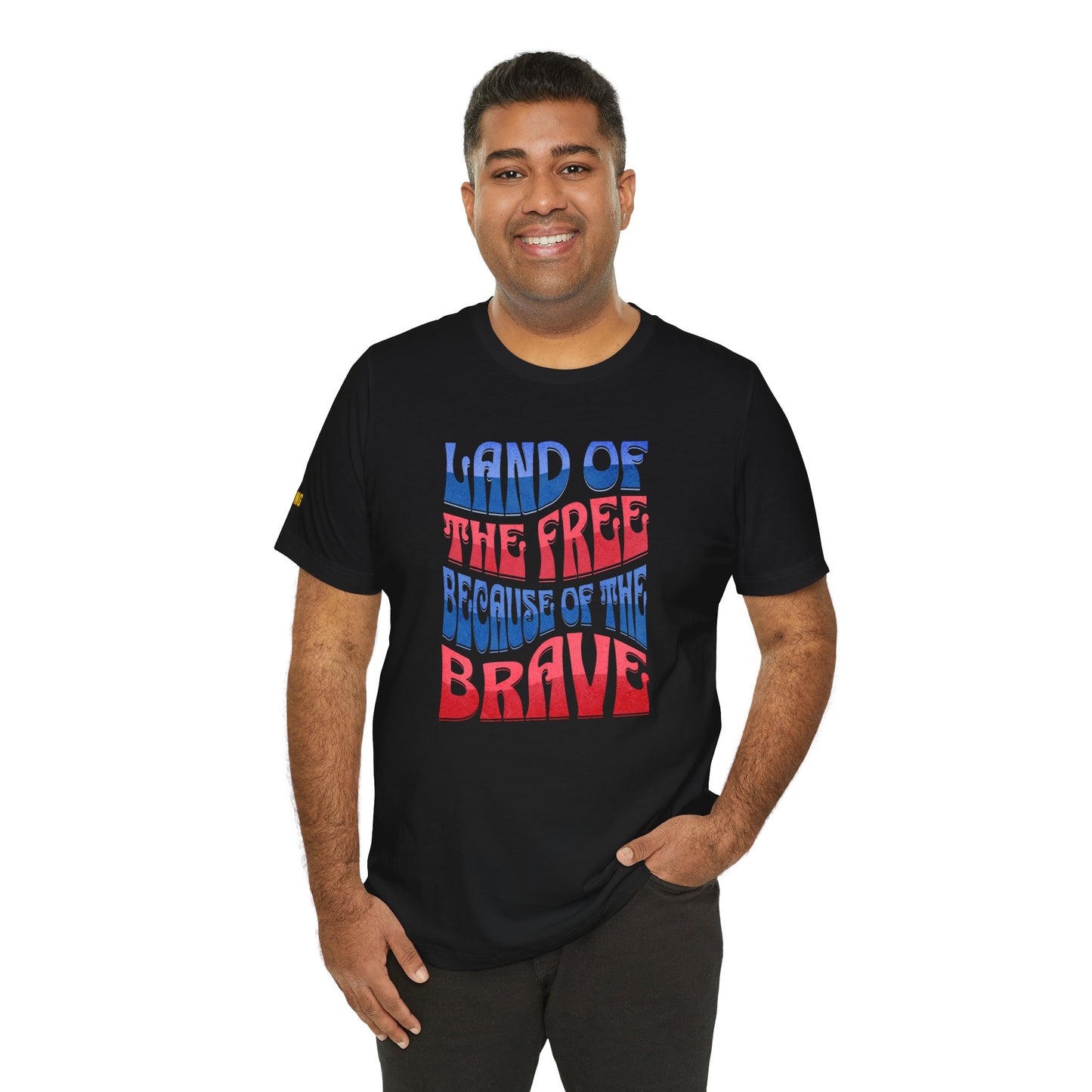 Show your American pride! This Land of the Free Because of the Brave t-shirt is perfect for 4th of July, veterans, and patriots who love the USA!  in black.