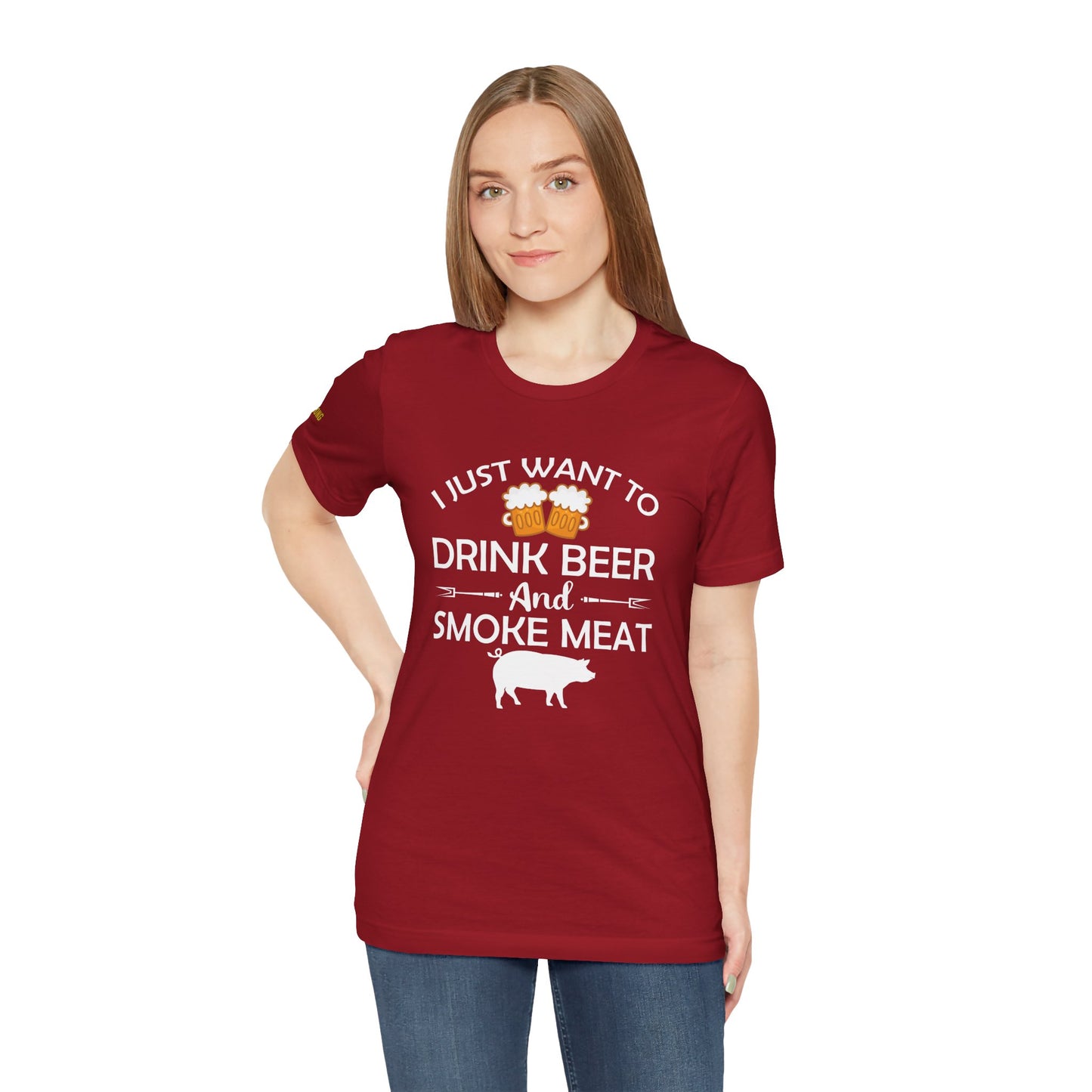 Beer and BBQ-themed t-shirt featuring "Drink Beer & Smoke Meat" with a smoker and grilling elements.