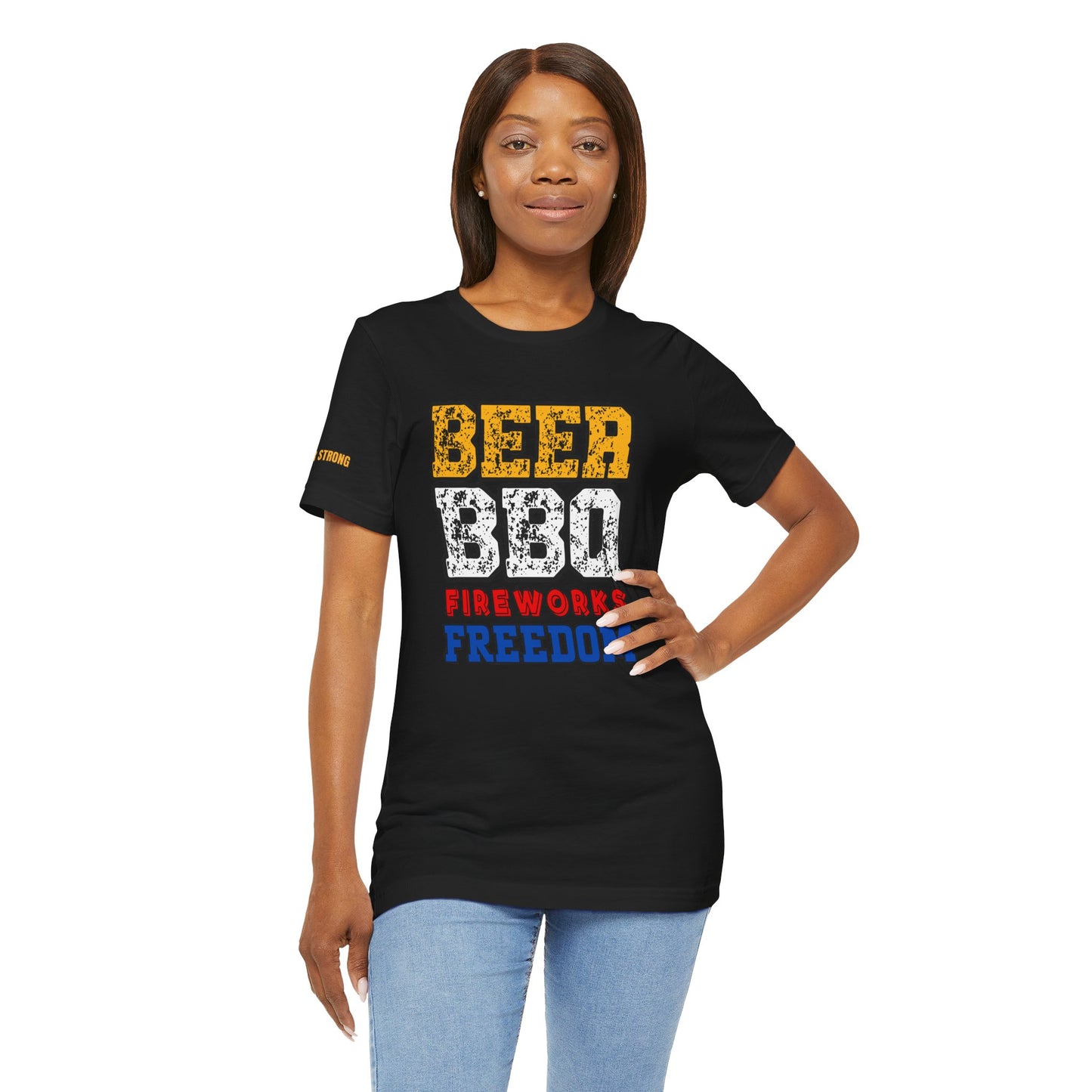 Beer, BBQ, Fireworks & Freedom t-shirt with distressed red, white, and blue lettering.