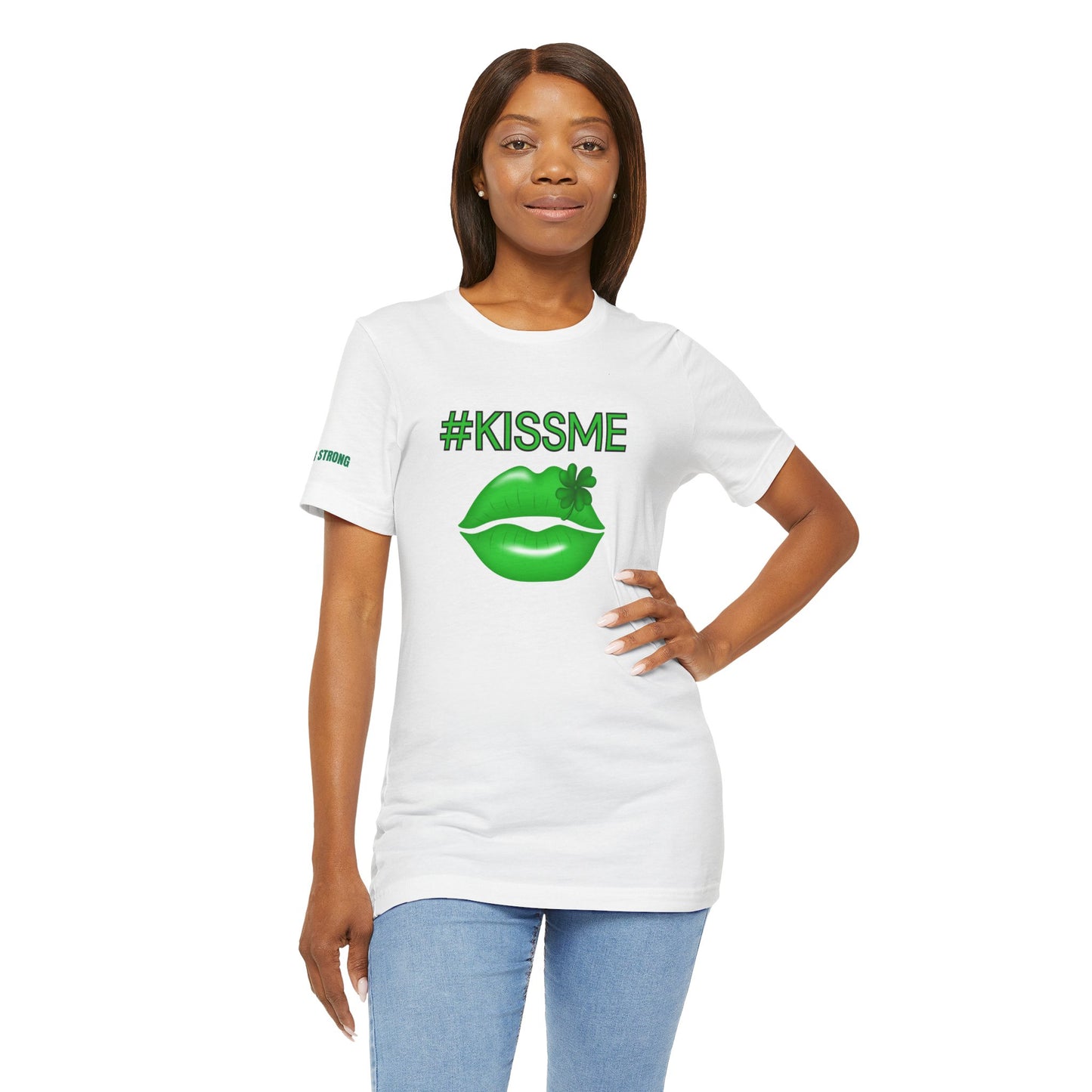 Green lips with a shamrock accent and the text #KissMe—a fun and flirty St. Patrick’s Day t-shirt design perfect for partygoers.