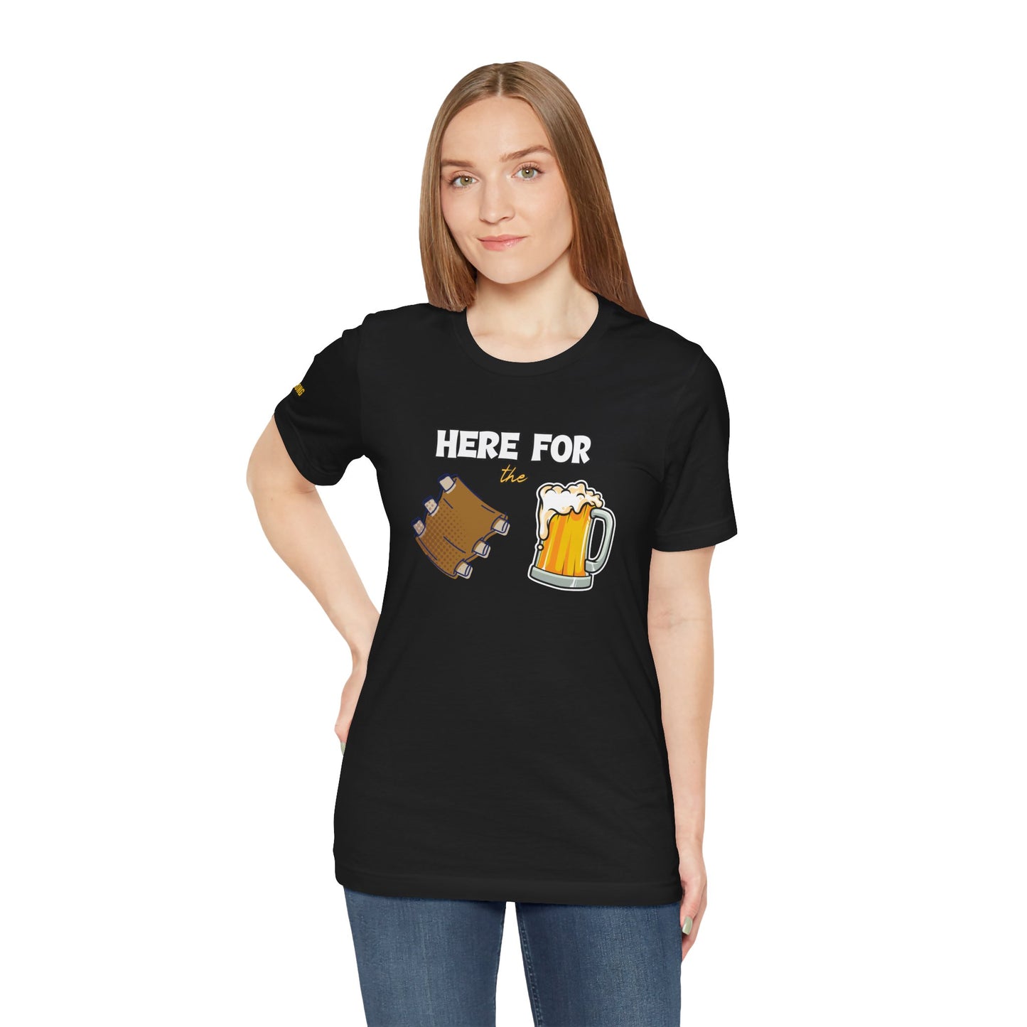 A fun BBQ t-shirt design featuring the phrase "Here for the Ribs & Beer" with cartoon-style ribs and a frothy beer mug—perfect for grill masters, beer lovers, and summer cookouts.