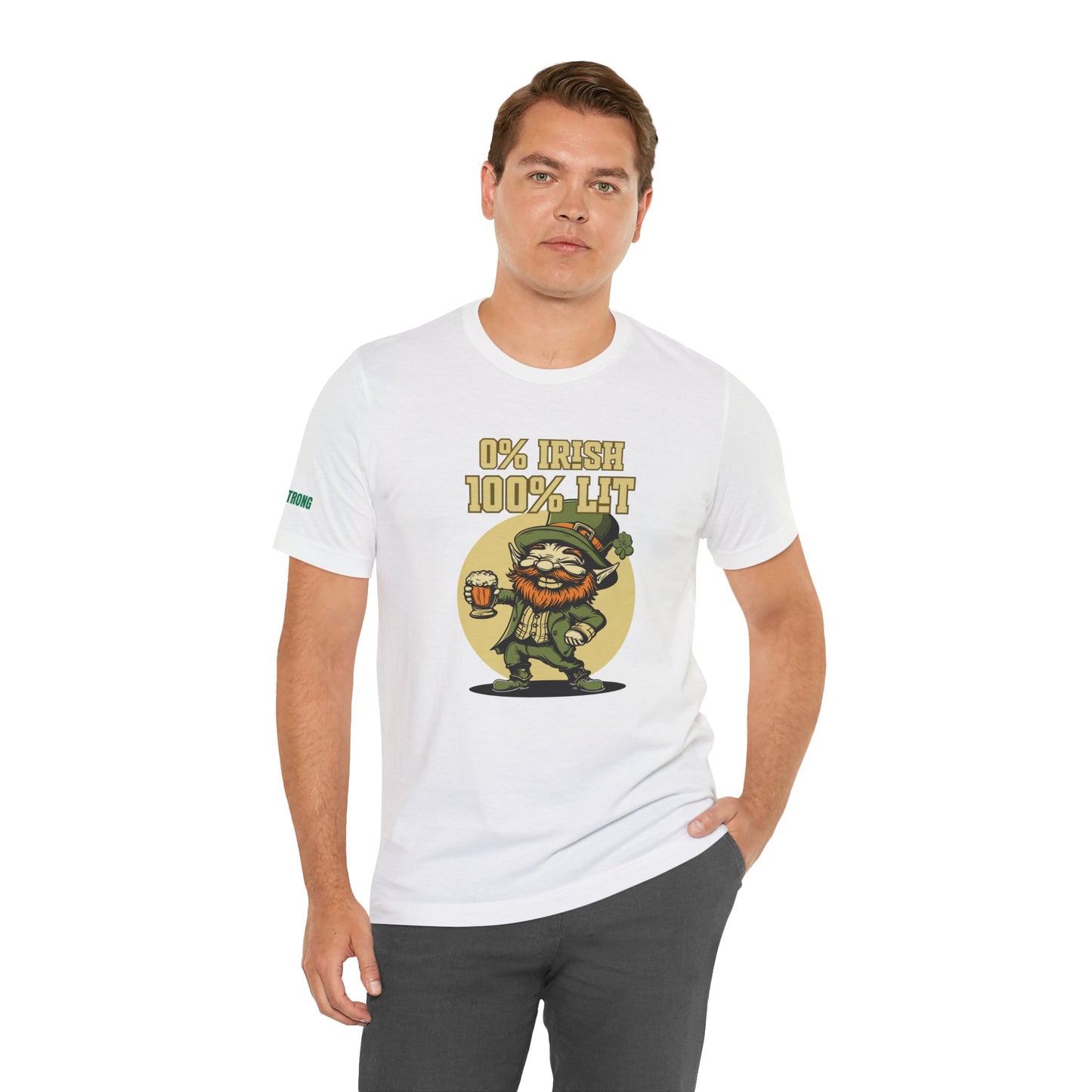 Illustrated leprechaun with a beer mug, grinning mischievously with the phrase "0% Irish, 100% Lit" above. A fun St. Patrick’s Day drinking t-shirt perfect for pub crawls, parties, and celebrations.