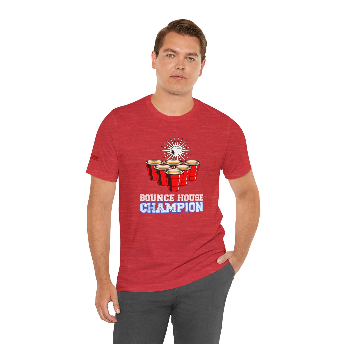 Beer pong-inspired t-shirt with red cups, a glowing ball in mid-bounce, and the bold text “Bounce House Champion.”