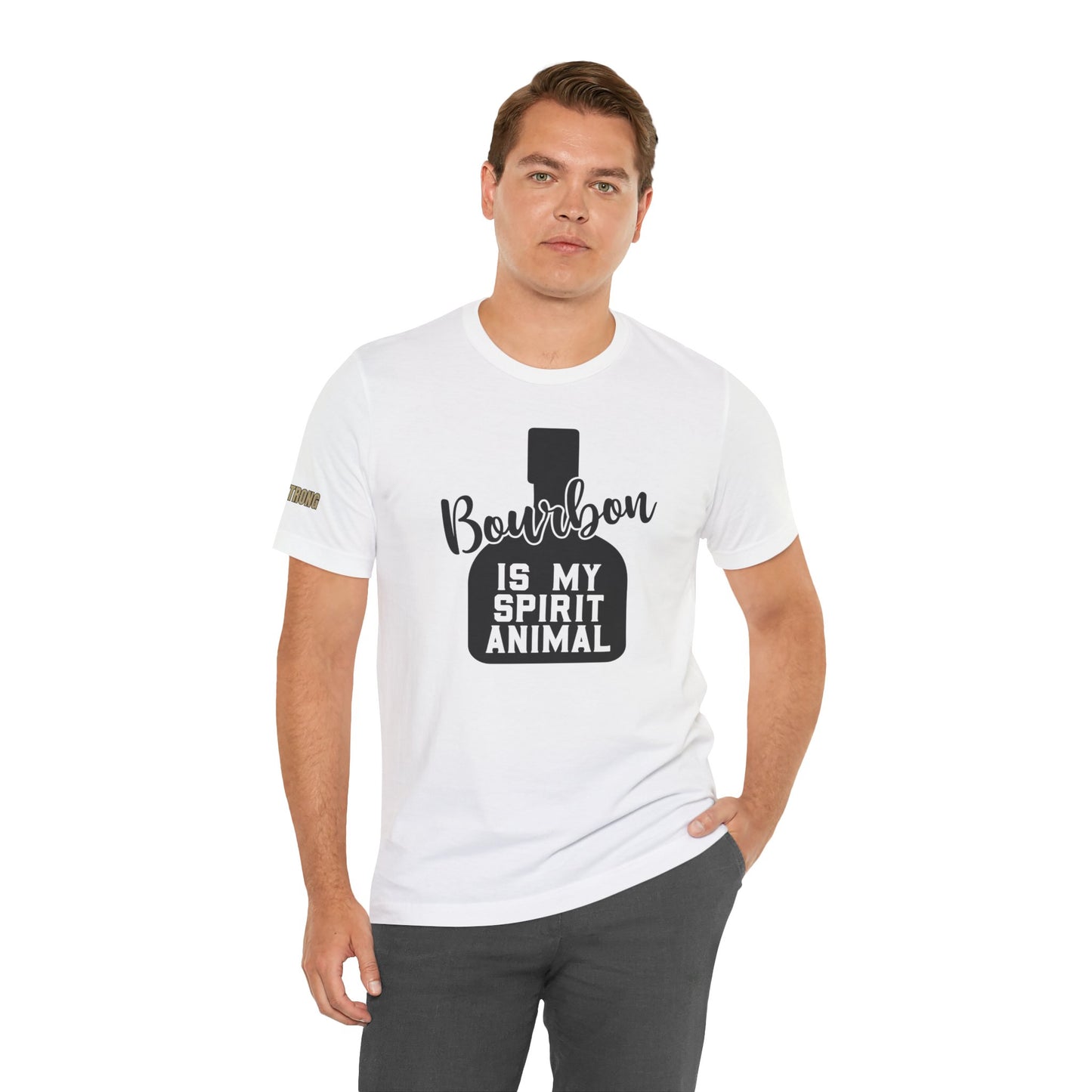 Bourbon-themed typography design featuring the phrase "Bourbon Is My Spirit Animal" inside a whiskey bottle silhouette. In white and available and plus sizes.