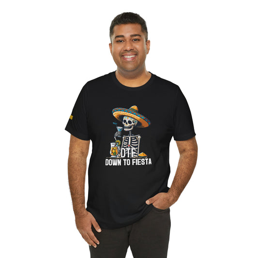 Cinco de Mayo party t-shirt featuring a festive skeleton, sombrero, and cocktails. Available in multiple colors and plus sizes.