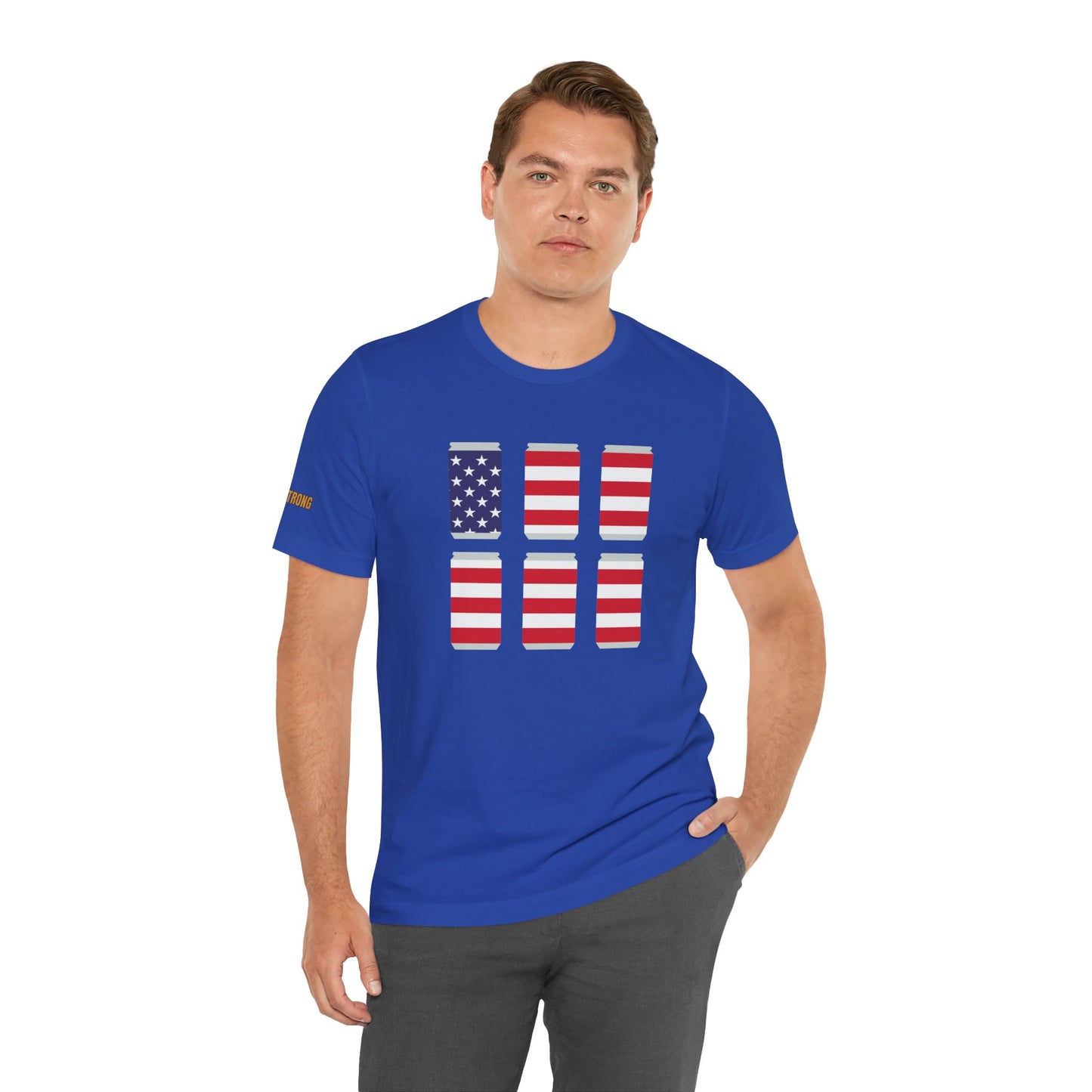 Funny 4th of July beer t-shirt featuring six patriotic beer cans decorated with American flag stripes and stars – perfect for beer lovers and Independence Day parties.