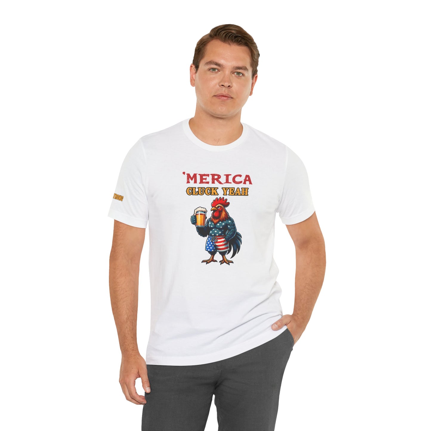Patriotic rooster holding a beer, wearing American flag shorts, with funny alcohol quote “’Merica – Cluck Yeah!” on a black background. In white.