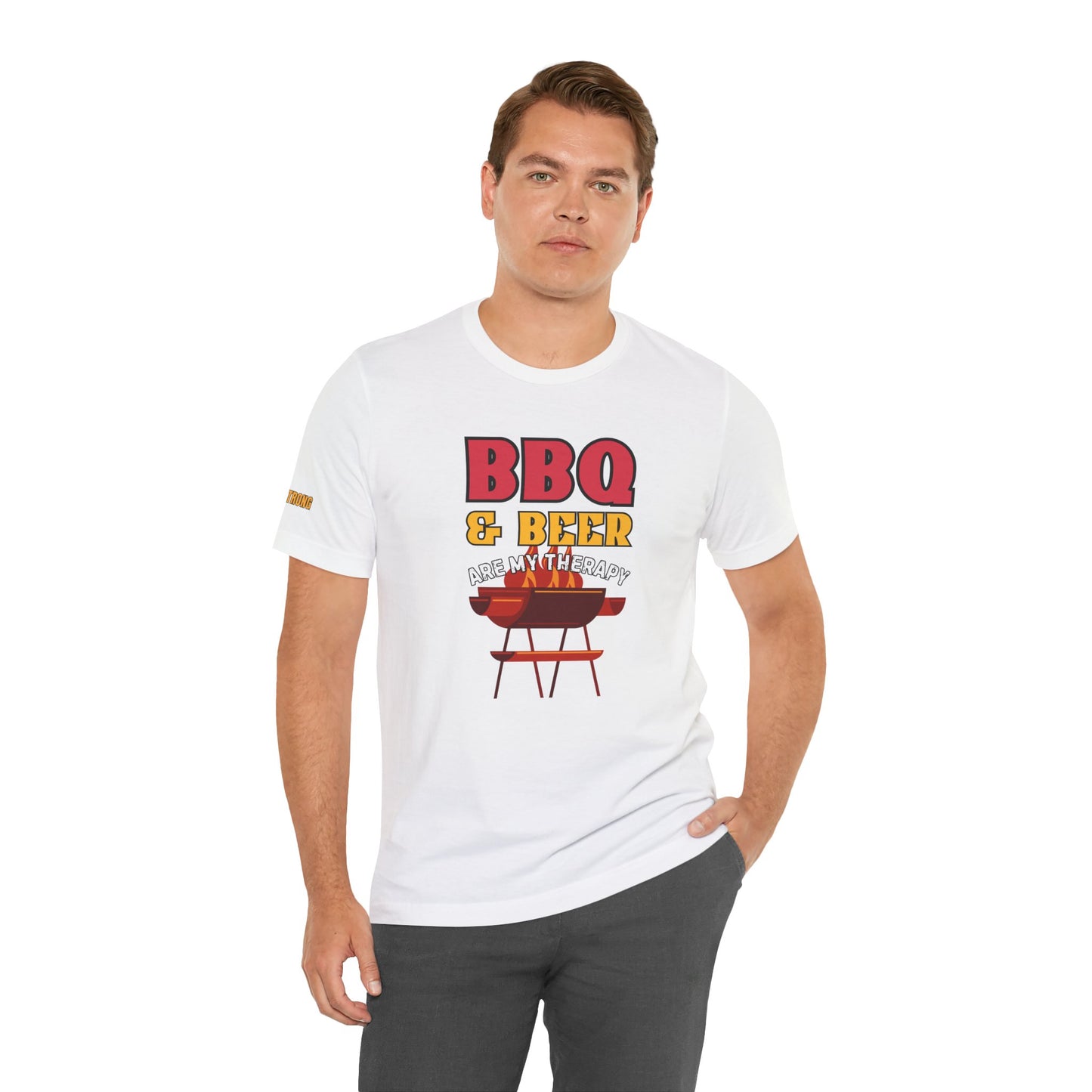 A bold and fun BBQ-themed t-shirt with the phrase "BBQ & Beer Are My Therapy", featuring a flaming grill. Perfect for grill masters, beer lovers, and backyard BBQ champions.