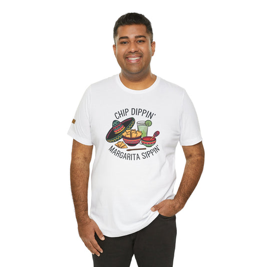 A model wearing the "Chip Dippin' Margarita Sippin'" t-shirt, available in multiple colors and plus sizes.