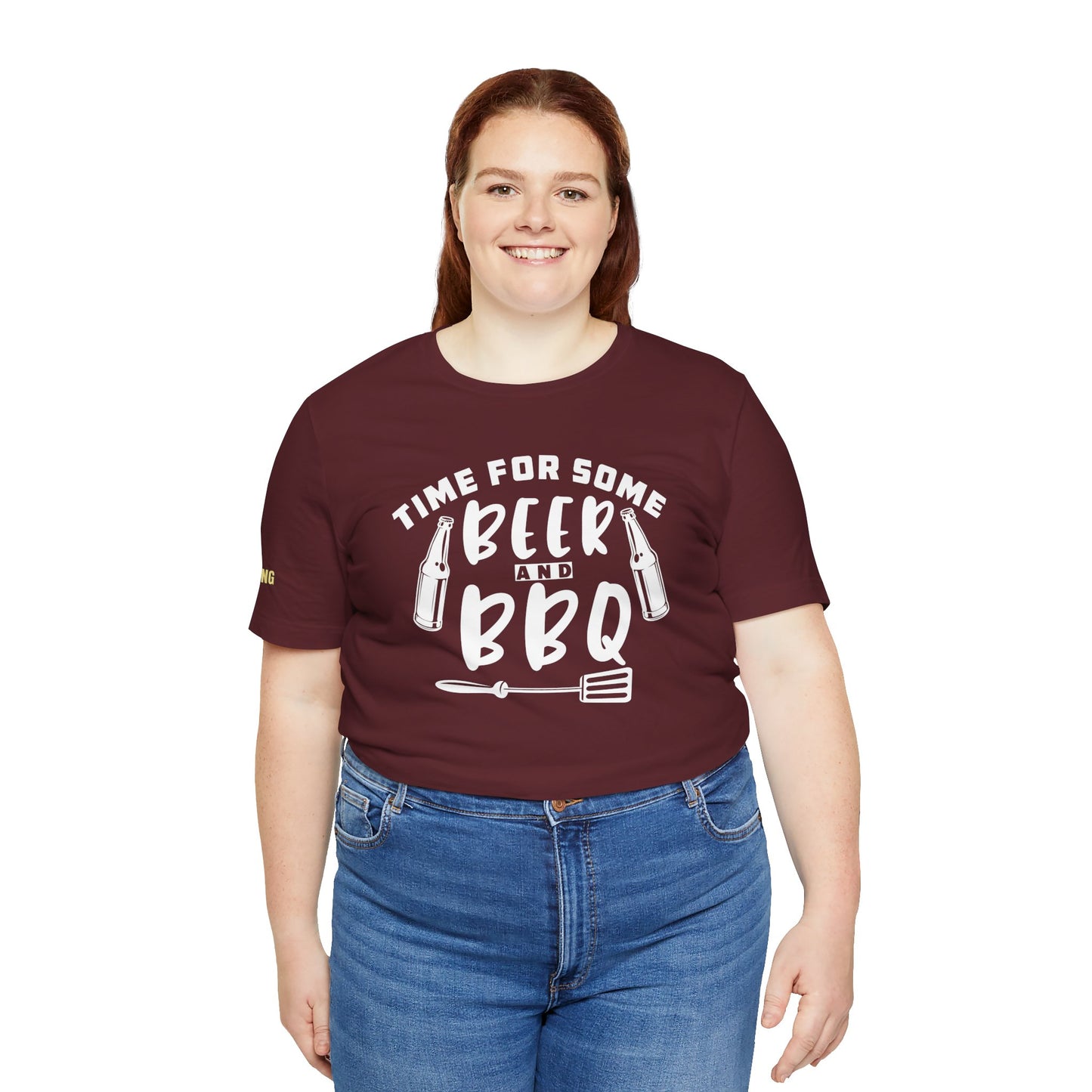 T-shirt featuring "Time for Some Beer & BBQ" design, perfect for backyard grillers, beer lovers, and barbecue enthusiasts. Available in plus sizes.