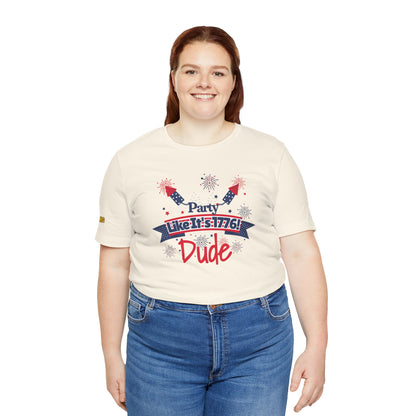Funny 4th of July t-shirt with "Party Like It’s 1776 Dude" in patriotic red, white, and blue, featuring fireworks, rockets, and a bold Independence Day theme. Available in plus sizes.