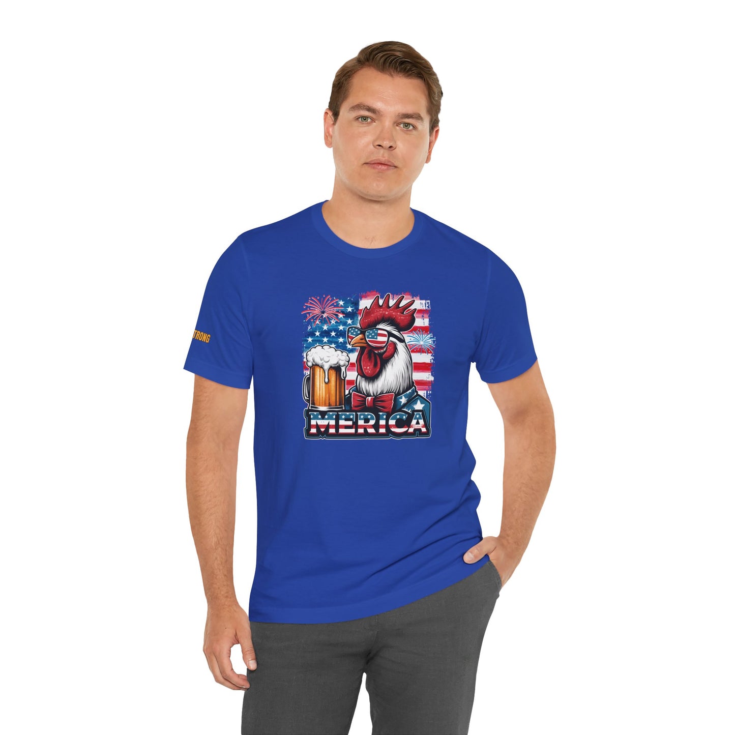 Cool rooster wearing American flag sunglasses and bowtie, holding a beer mug, with fireworks and USA flag in the background. In royal.