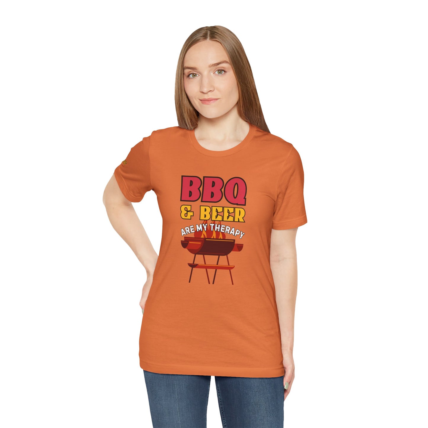 A bold and fun BBQ-themed t-shirt with the phrase "BBQ & Beer Are My Therapy", featuring a flaming grill. Perfect for grill masters, beer lovers, and backyard BBQ champions.