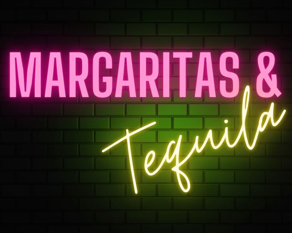 Margaritas & Tequila neon sign on a dark green brick background – vibrant design for tequila lovers, margarita fans, and fun alcohol-themed t-shirts & gifts from Beer Strong.
