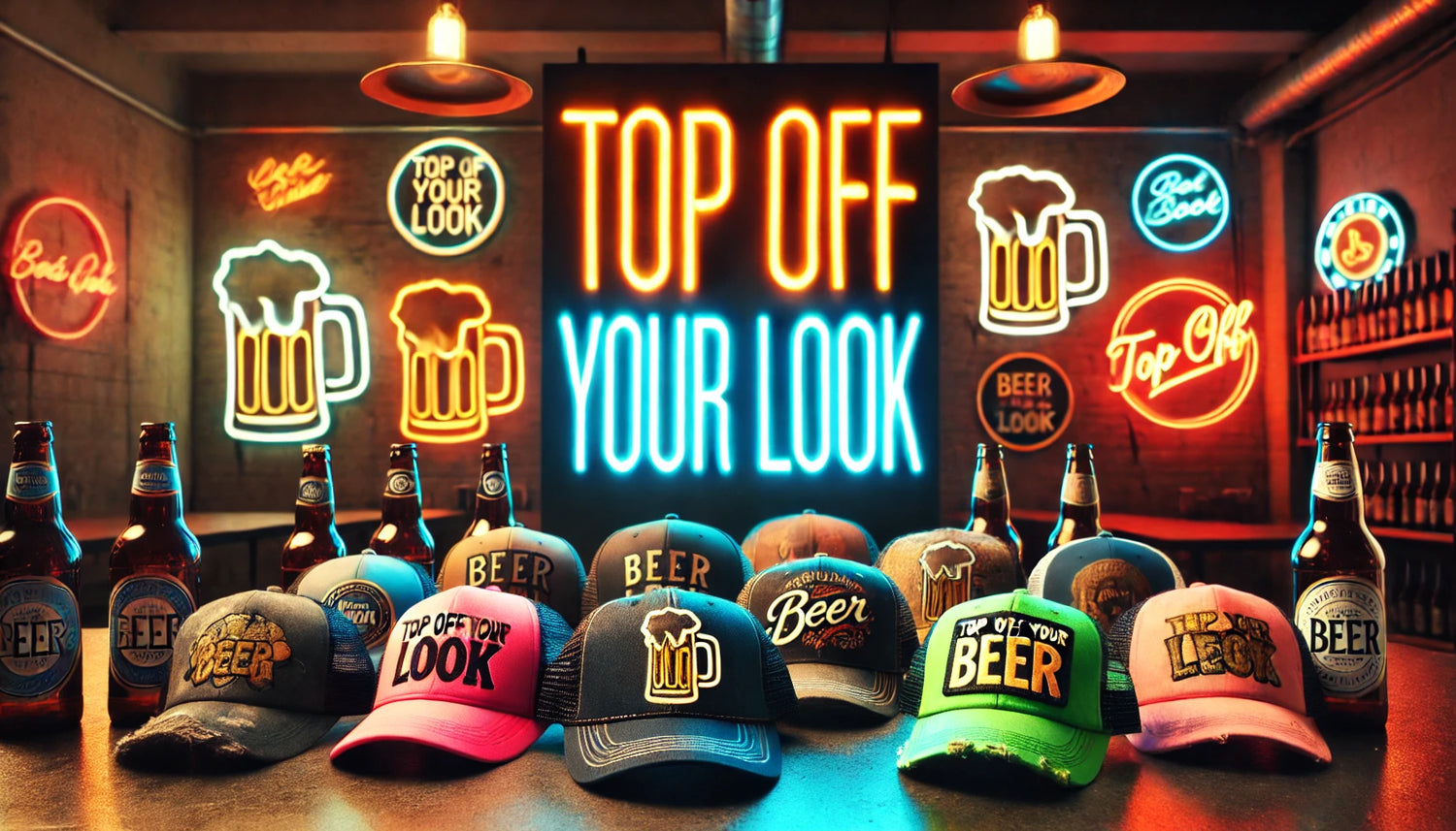 Neon 'Top Off Your Look' sign glowing over a collection of beer-themed hats including snapbacks, beanies, and distressed dad caps. Fun and playful beer designs create a casual, energetic atmosphere perfect for showcasing beer-inspired accessories.
