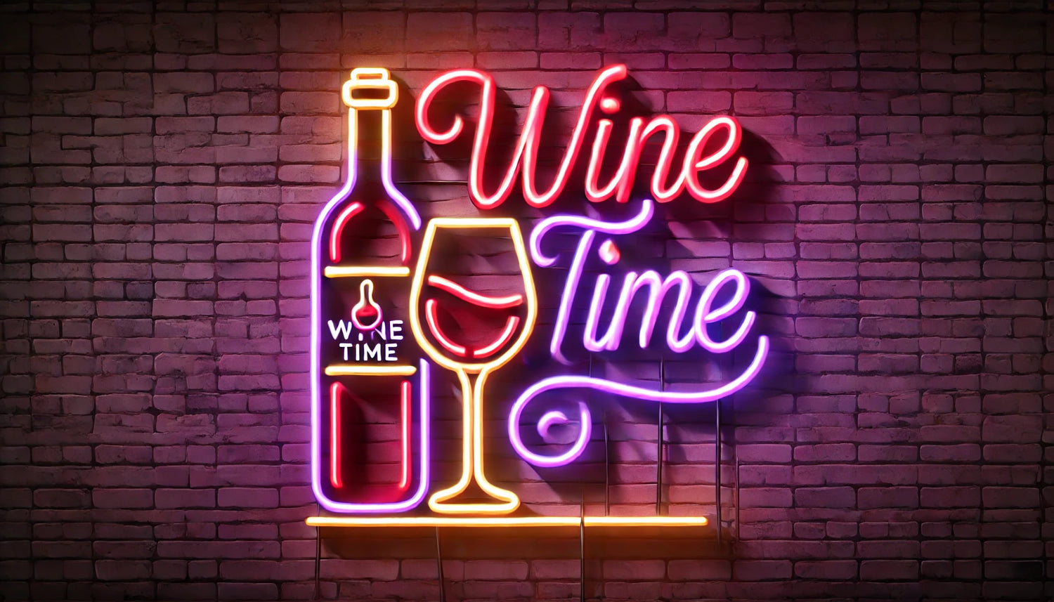 Neon 'Wine Time' sign glowing with elegant cursive letters, featuring a wine bottle and glass in a warm, inviting atmosphere. Perfect for showcasing wine-themed t-shirts and gifts.