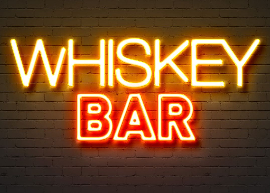 Whiskey Bar Neon Sign on Wall – Perfect for whiskey lovers, bourbon fans, and bar enthusiasts. Bold whiskey-inspired aesthetic for bars, man caves, and whiskey-themed apparel collections.