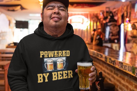 Black hoodie funny alcohol quote "Powered by Beer" - which comes in plus sizes.