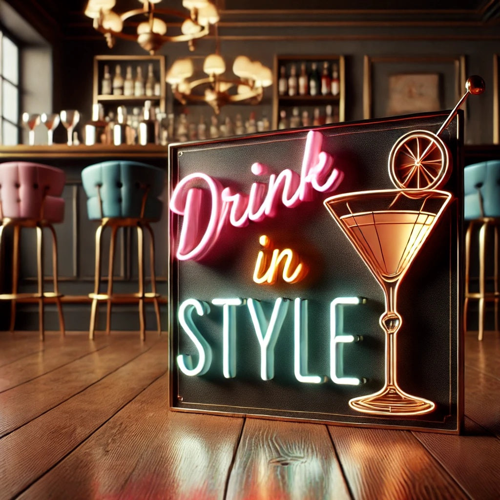 Vintage neon 'Drink in Style' sign with a chic retro cocktail lounge setting, mid-century bar elements, and classic martini glasses. A perfect visual for stylish, retro-inspired funny alcohol-themed apparel.