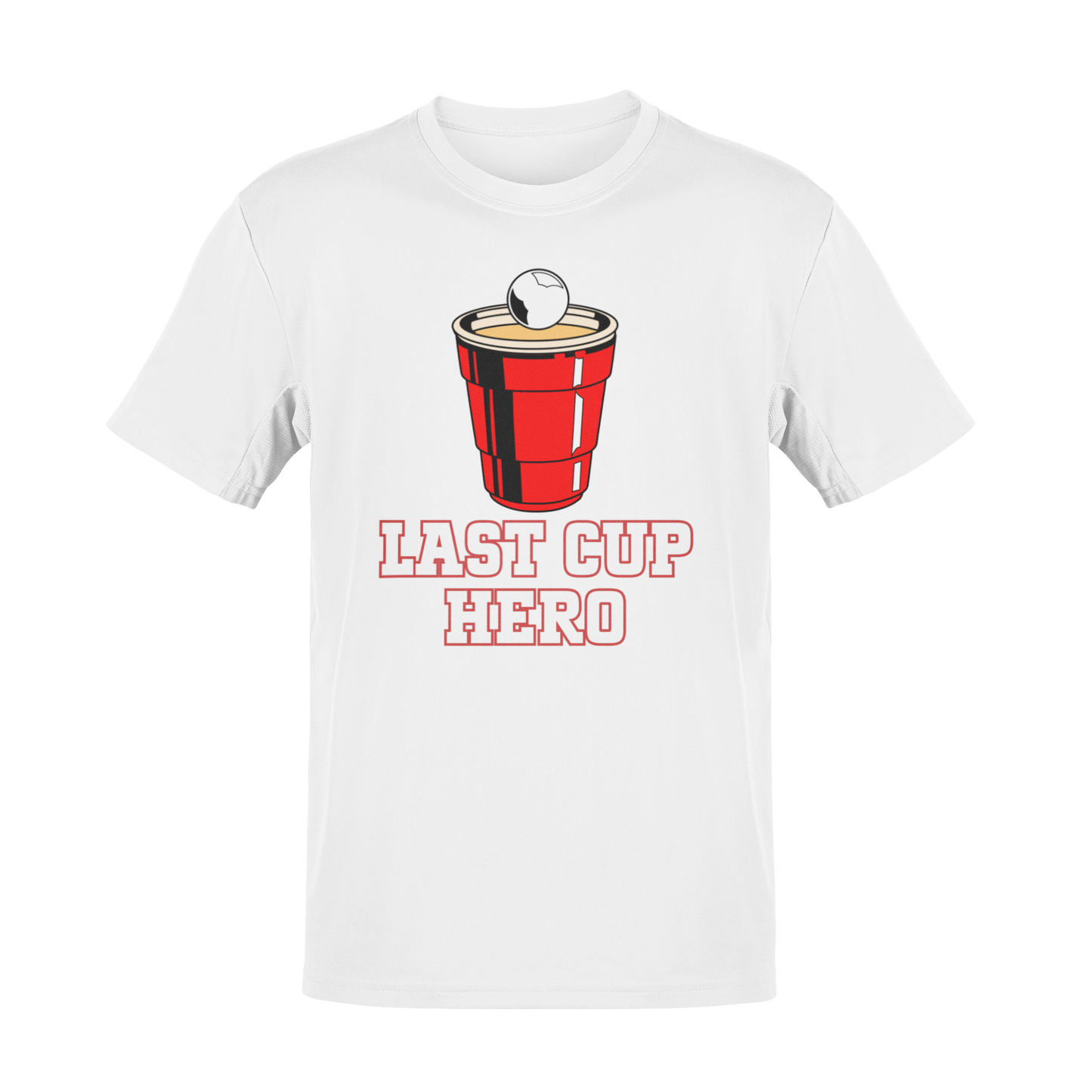 Funny Last Cup Hero beer pong t-shirt featuring a red solo cup with a pong ball, perfect for drinking game champions, BBQ parties, and beer lovers.