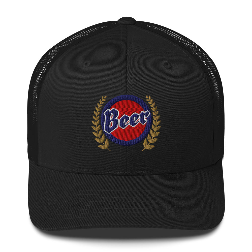 Ghosted mockup of the Red, White & American Beer Hat sitting flat, featuring a vintage beer-inspired design. Available in multiple colors.