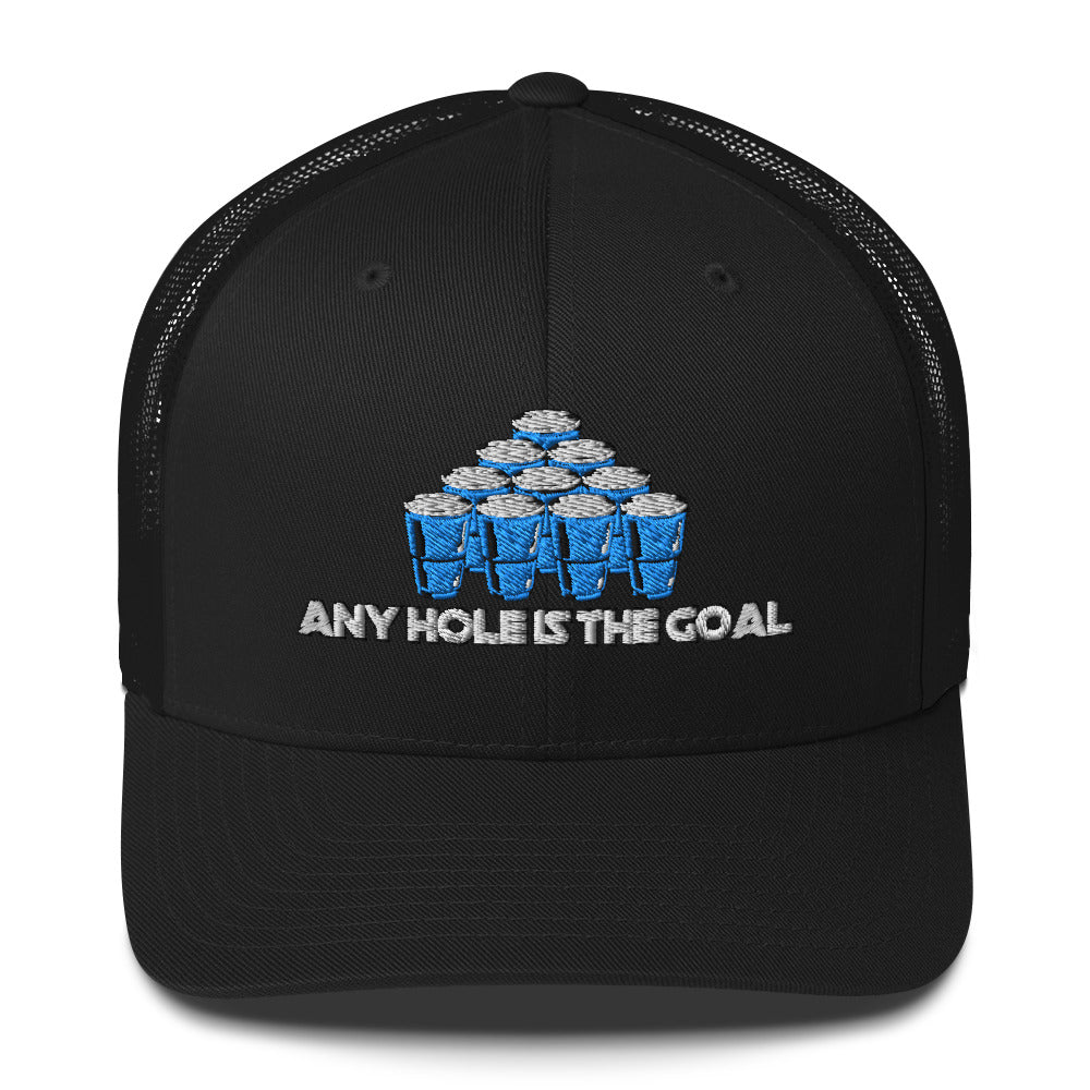 Ghosted mockup of the Any Hole Is the Goal beer pong hat sitting flat, featuring a stack of blue solo cups. Available in multiple colors.