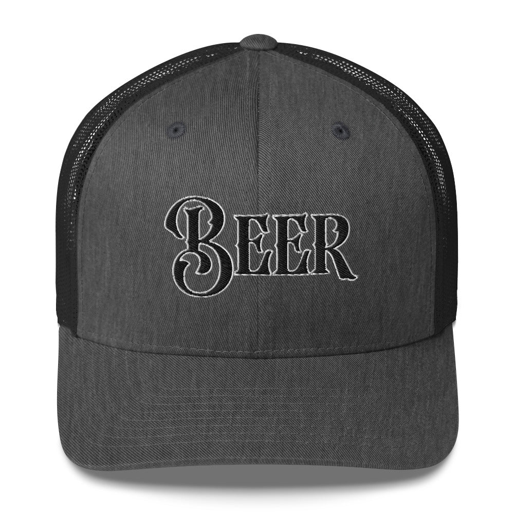 Ghosted mockup of a BEER snapback hat sitting flat, available in multiple colors. Classic bold lettering designed for beer lovers.